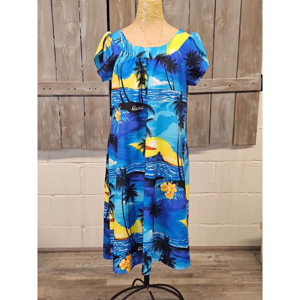 Vintage Royal Creations Hawaii Blue Sunset Hawaiian Kaftan Mumu Midi‎ Dress